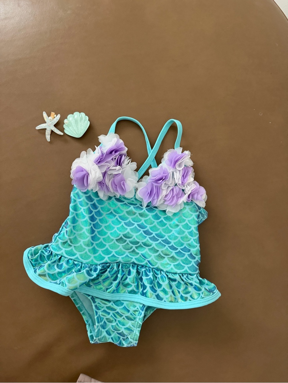 Floatimini Turquoise Mermaid Scale One-Piece Swimsuit with Purple Floral Trim